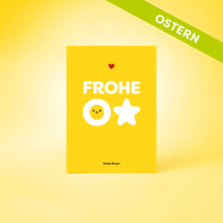 Gelbe Osterkarte mit Wortspiel aus dem Buchstaben O und dem Symbol Stern, ein Produkt der Marke Beaky Boops, Küken mit Herz